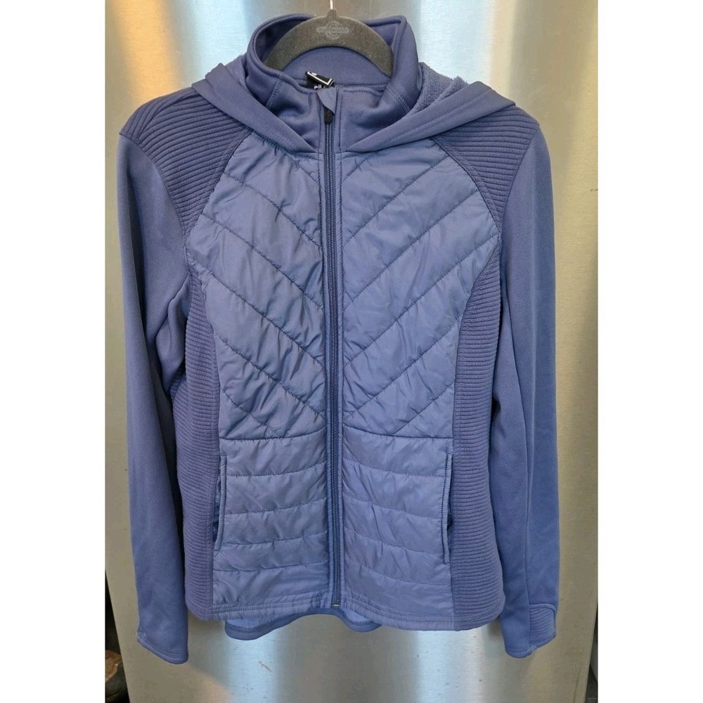 Fila Sport Womens L Periwinkle Quilted Hybrid Full Zip Hooded Jacket Fleece Gorp